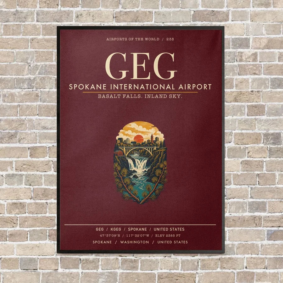 Spokane International Airport GEG vertical canvas print - framed - dark red background
