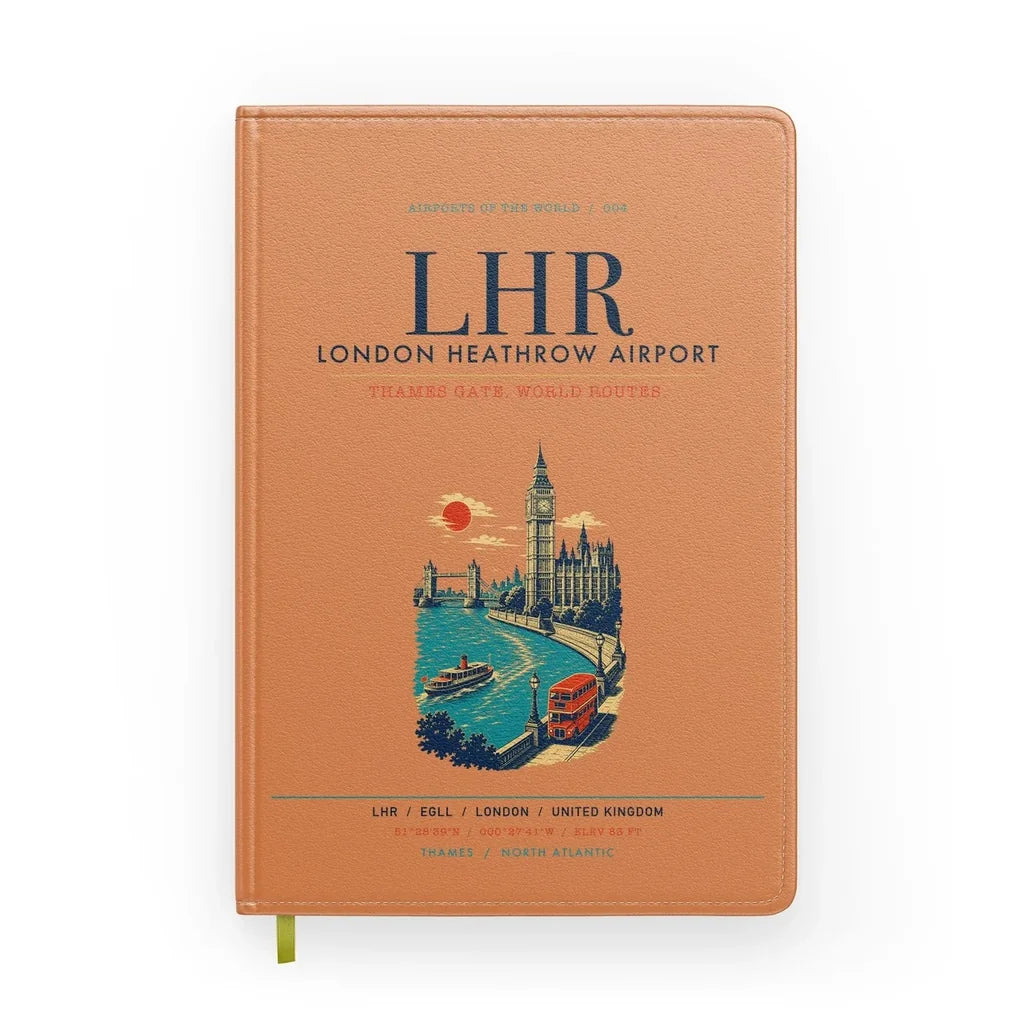 London Heathrow Airport (LHR) design on orange notebook