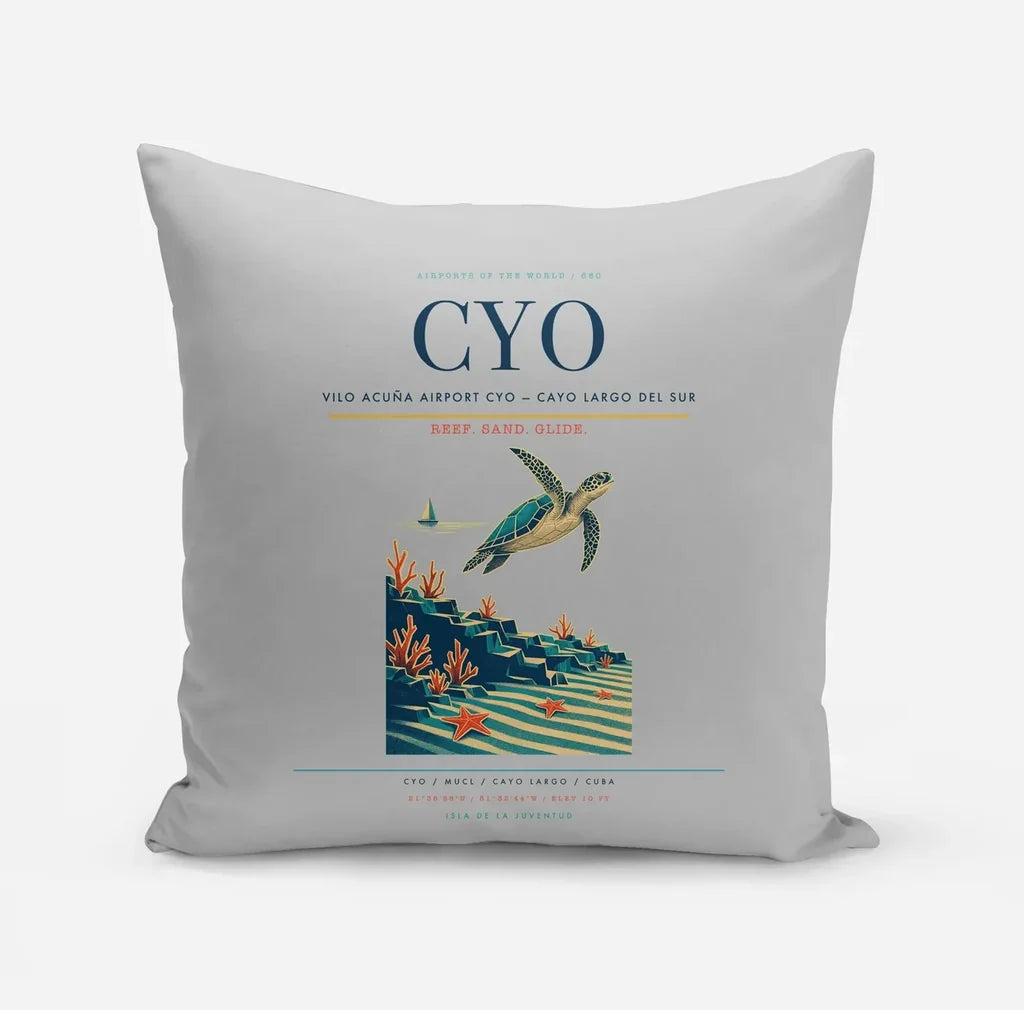 Vilo Acuña Airport (CYO) design on light gray pillow
