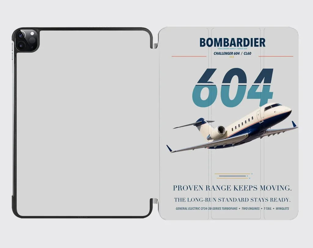 Bombardier Challenger 604 design on light gray ipad tablet case