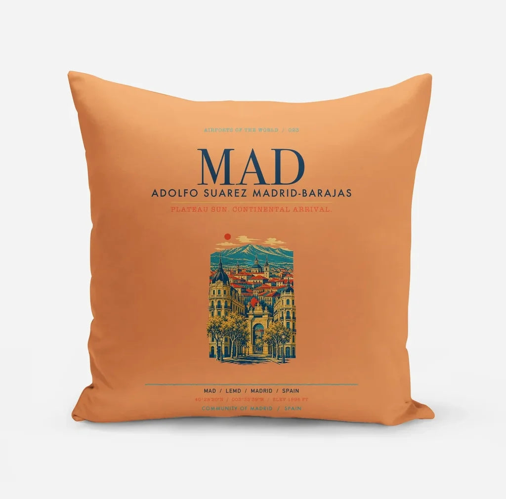 Adolfo Suarez Madrid-Barajas Airport (MAD) design on orange pillow