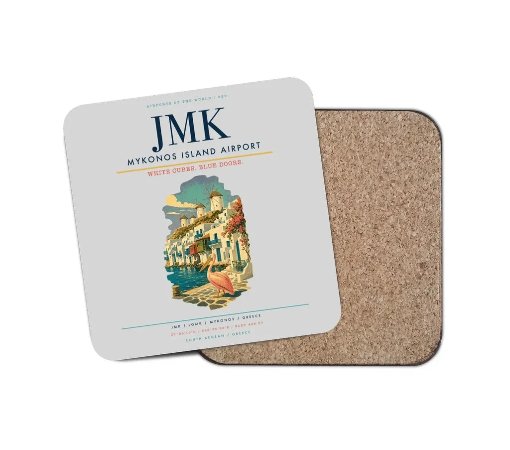 Mykonos Island Airport (JMK) design on light gray 1 piece coaster