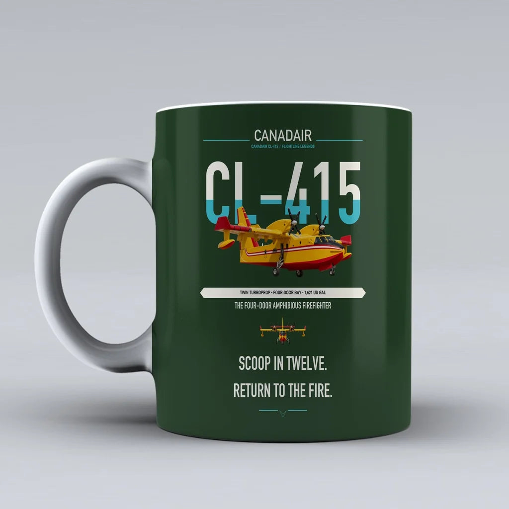 Canadair CL-415 design on dark green ceramic mug, double-side print