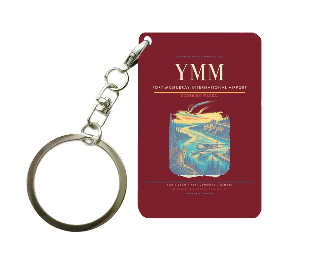 Fort McMurray International Airport (YMM) design on dark red key chain