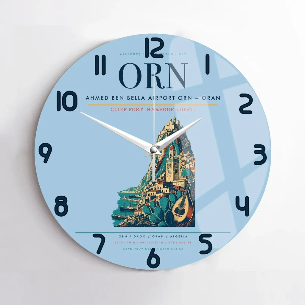 Ahmed Ben Bella Airport (ORN) design on light blue no frame wall clock