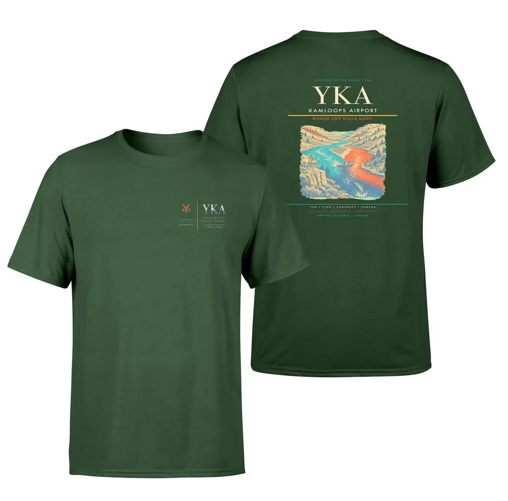 Kamloops Airport (YKA) design printed on dark green double-side t-shirt