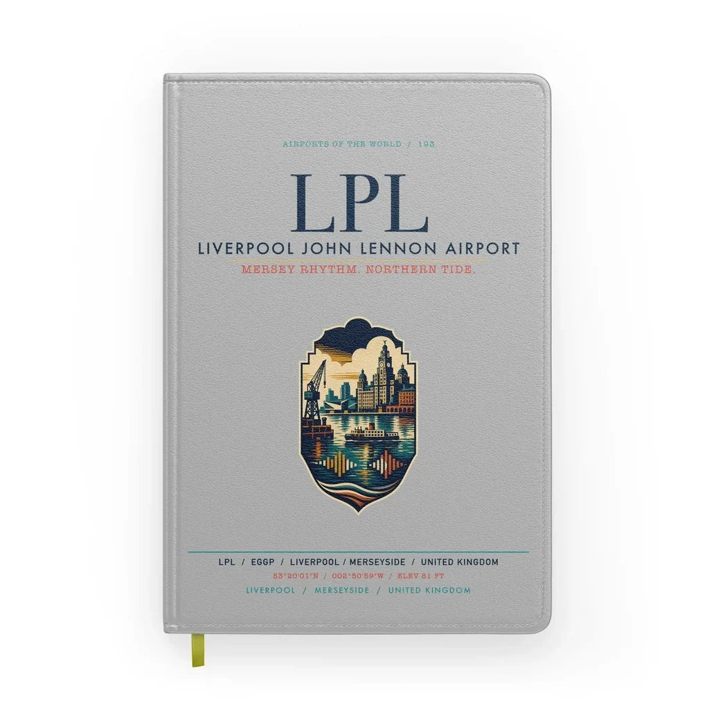 Liverpool John Lennon Airport (LPL) design on light gray notebook