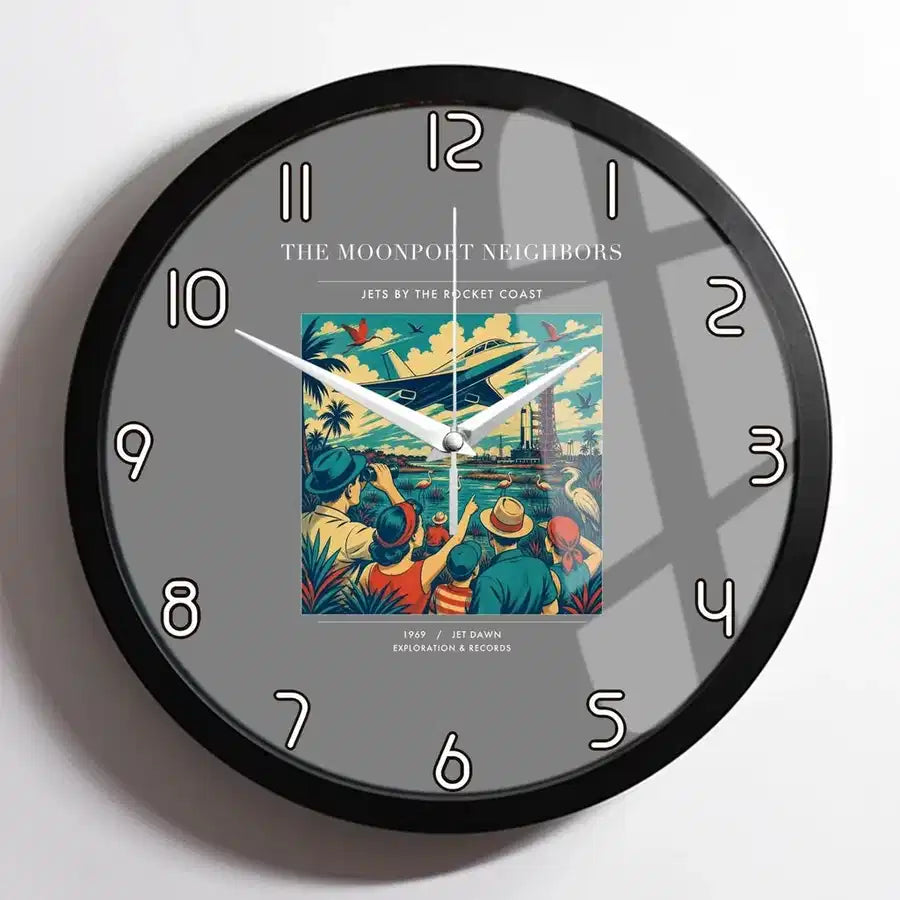 VINTAGE G4129 - The Moonport Neighbors - Designed Wall Clocks design on gray framed