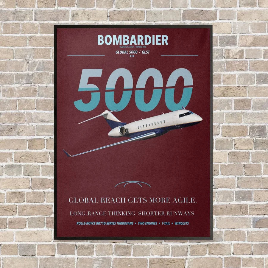 Bombardier Global 5000 vertical canvas print - framed - dark red background