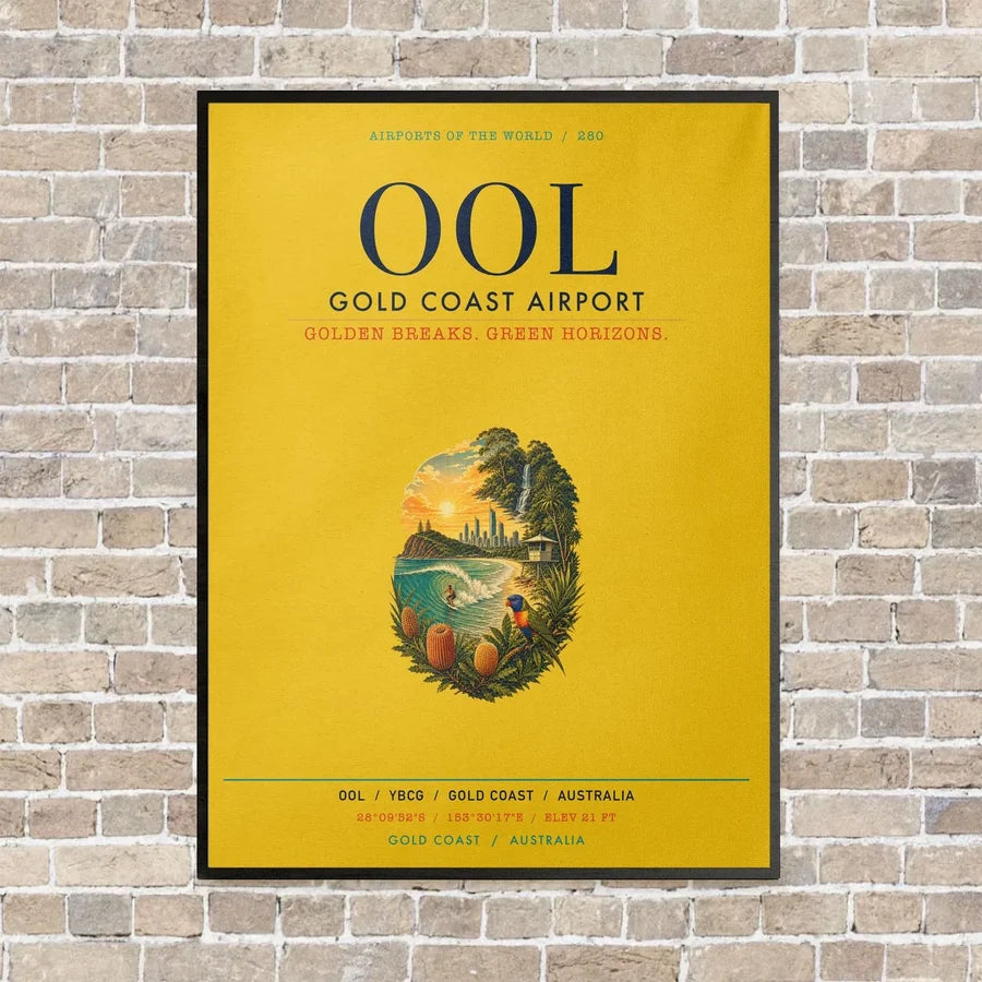 Gold Coast Airport OOL vertical canvas print - framed - yellow background