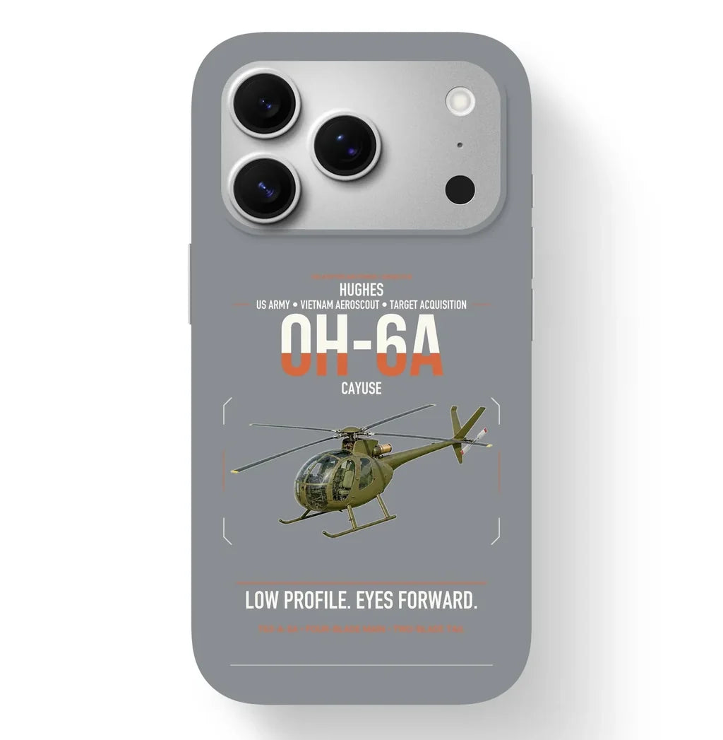 Hughes OH-6A Cayuse design on gray magsafe iphone case, for iPhone 17 Pro