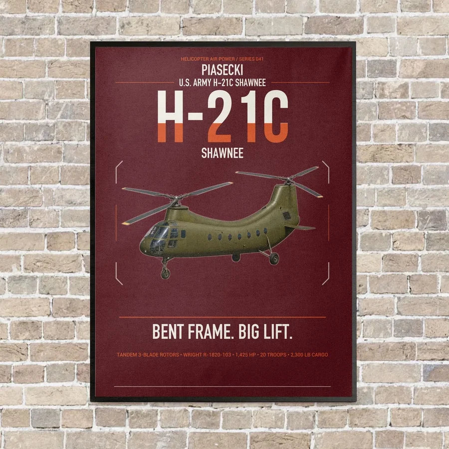 Piasecki H-21C Shawnee vertical canvas print - framed - dark red background