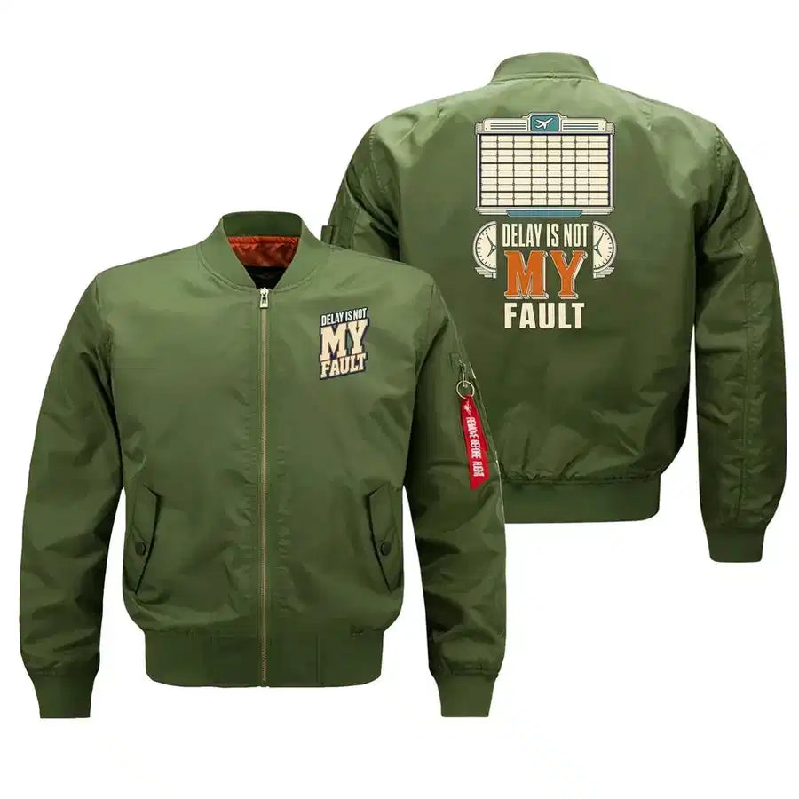 SIGNAL 283 - Delay Is Not My Fault - Bomber Jacket design on green bomber jacket