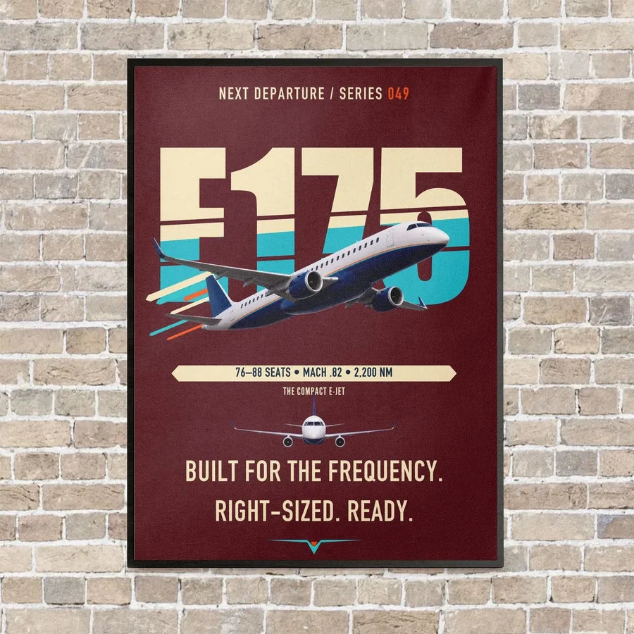 Embraer E175 vertical canvas print - framed - dark red background