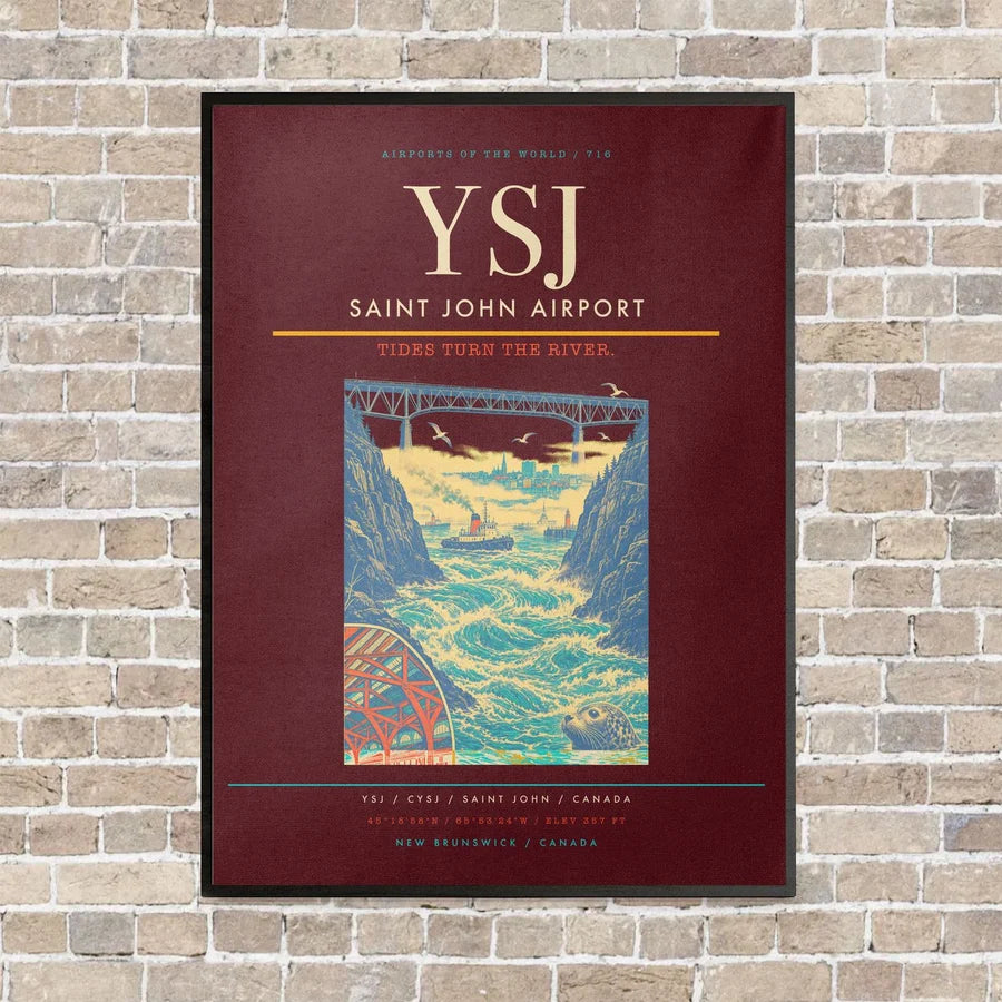 Saint John Airport YSJ vertical canvas print - framed - dark red background