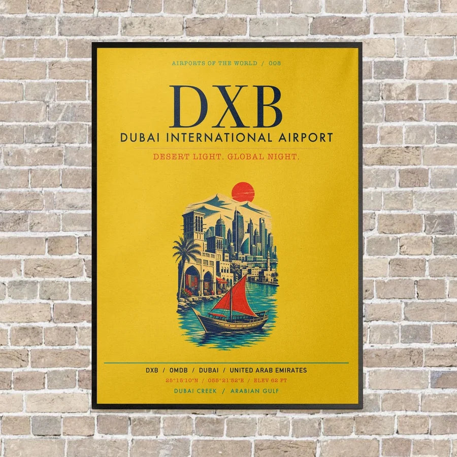 Dubai International Airport DXB vertical canvas print - framed - yellow background
