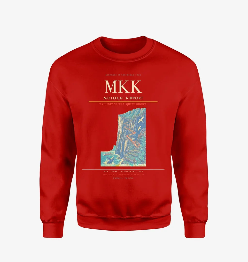 Molokai Airport (MKK) design on red sweatshirt