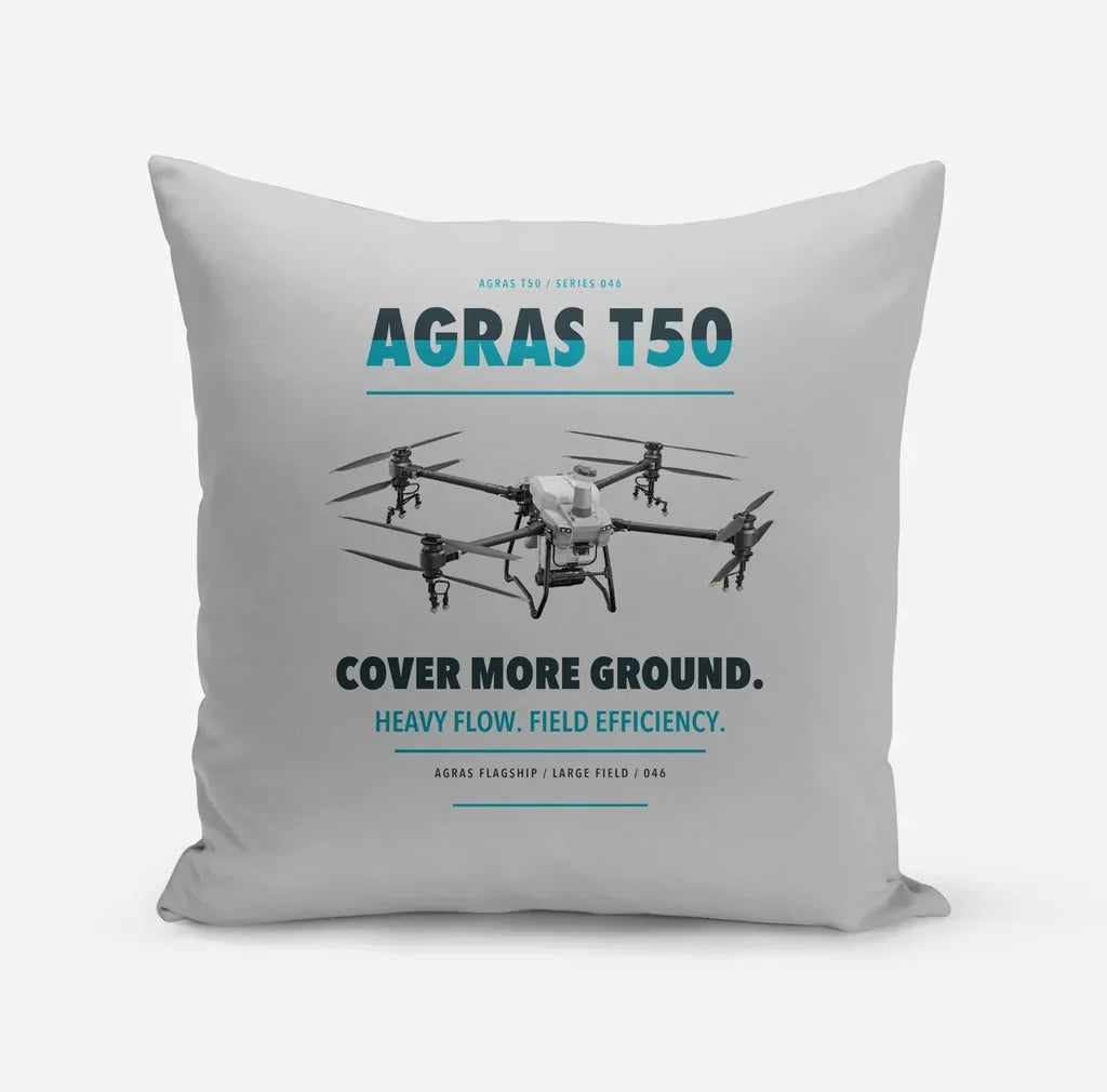 DJI Agras T50 design on light gray pillow