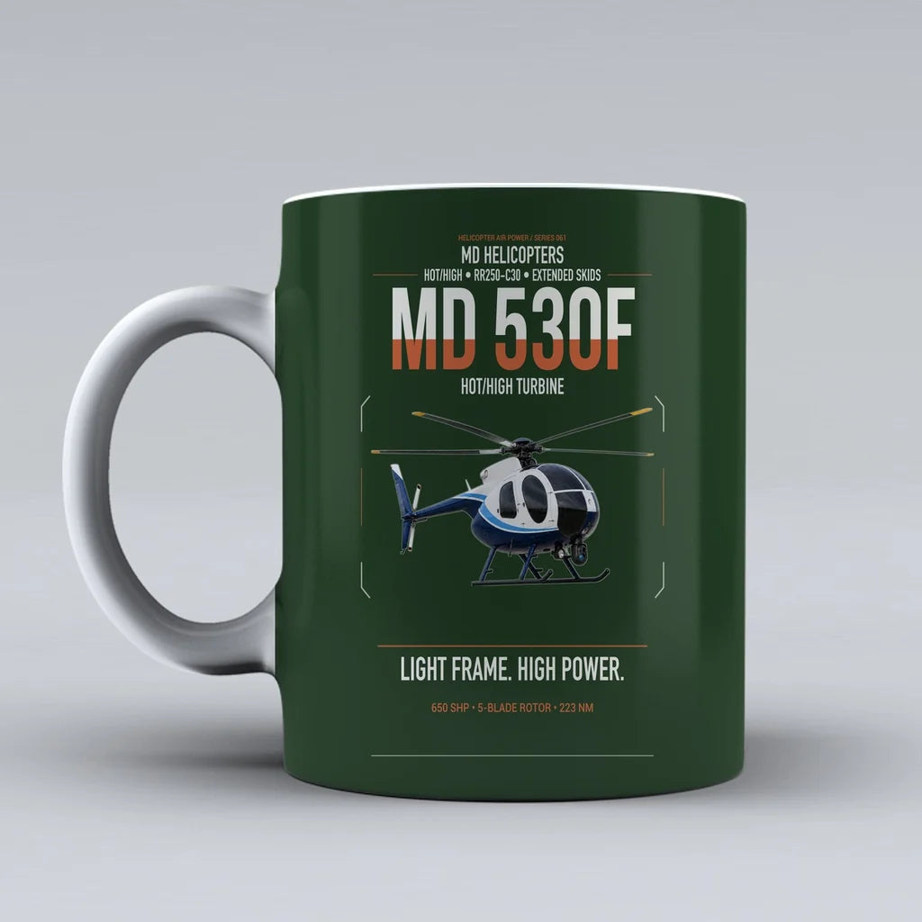 MD Helicopters MD 530F design on dark green ceramic mug, double-side print