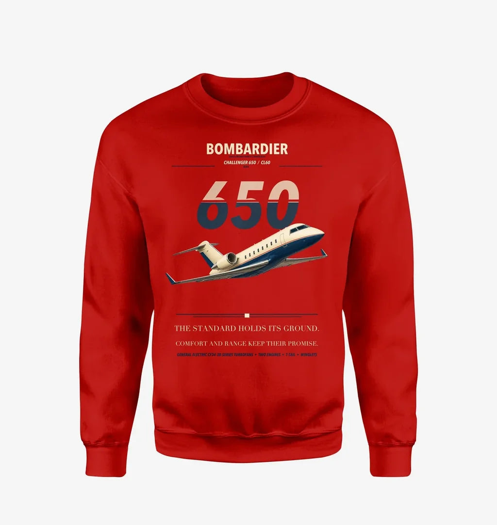 Bombardier Challenger 650 design on red sweatshirt