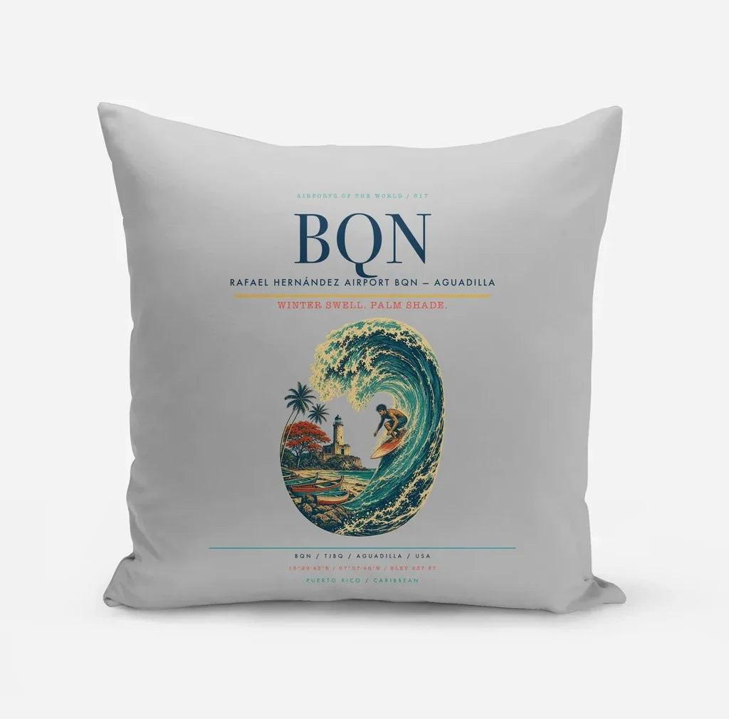 Rafael Hernández Airport (BQN) design on light gray pillow