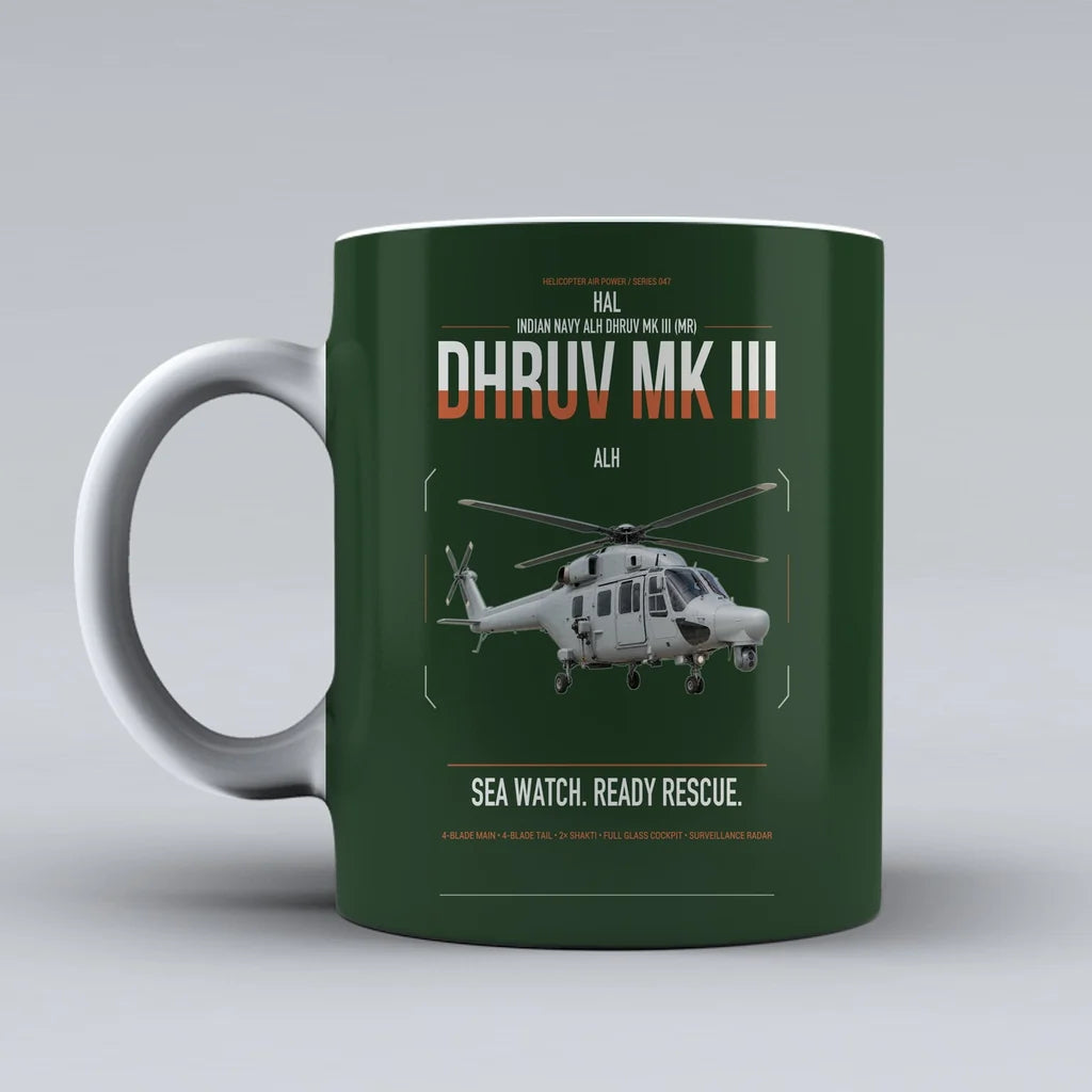 HAL ALH Dhruv Mk III design on dark green ceramic mug, double-side print