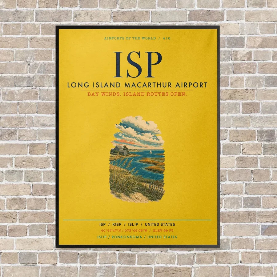 Long Island MacArthur Airport ISP vertical canvas print - framed - yellow background