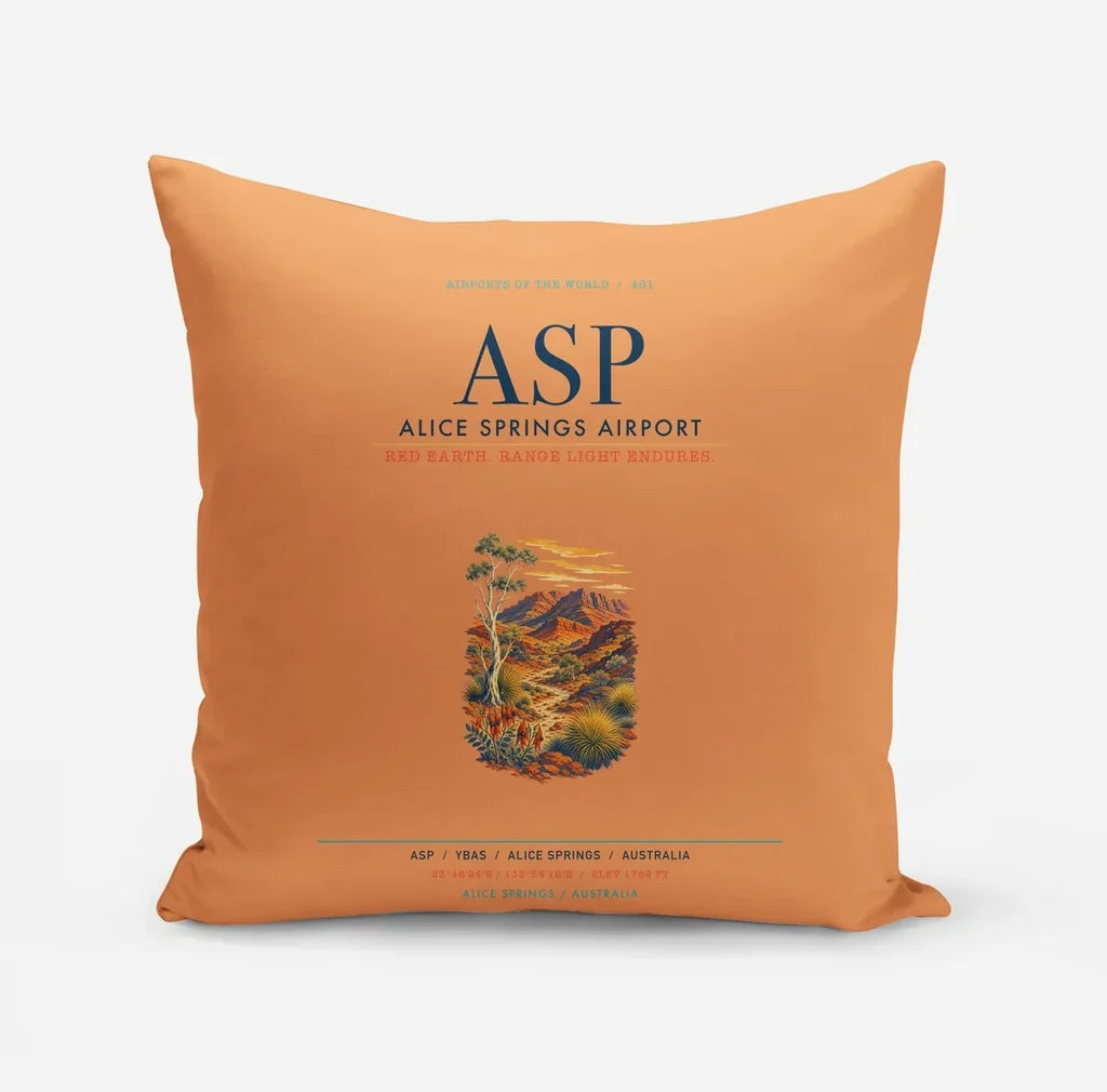 Alice Springs Airport (ASP) design on orange pillow
