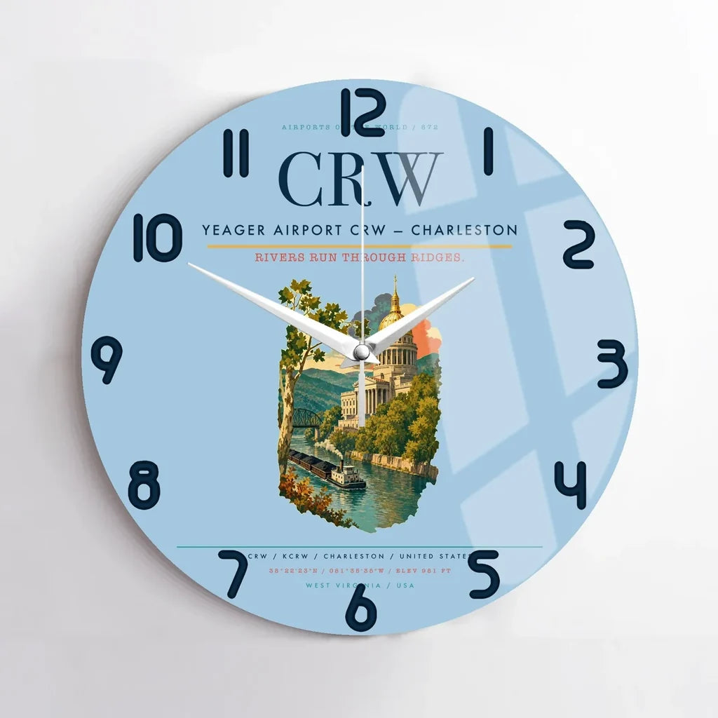Yeager Airport (CRW) design on light blue no frame wall clock