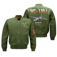 Thumbnail for WC-130J Hurricane Hunter design on green bomber jacket, double-side print