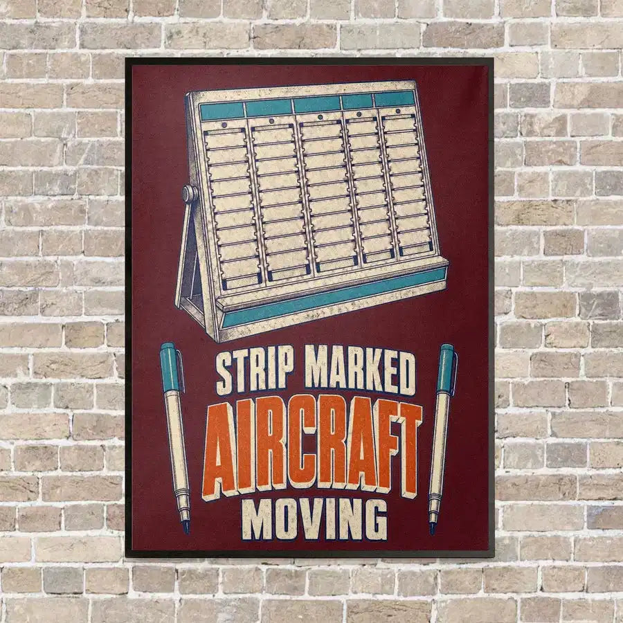 Strip Marked Aircraft Moving vertical canvas print - framed - dark red background