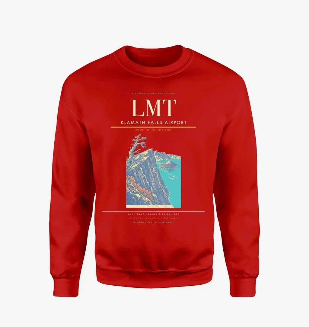 Klamath Falls Airport (LMT) design on red sweatshirt