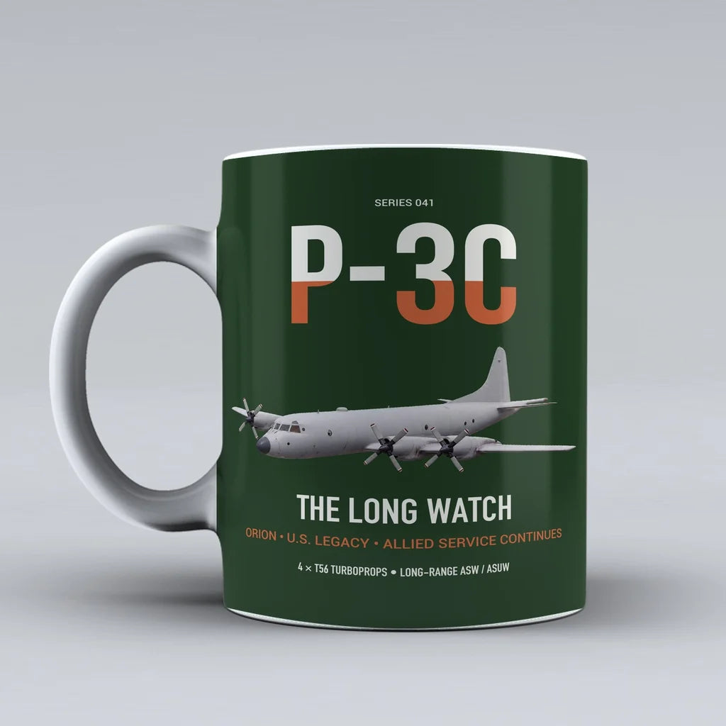 P-3C Orion design on dark green ceramic mug, double-side print
