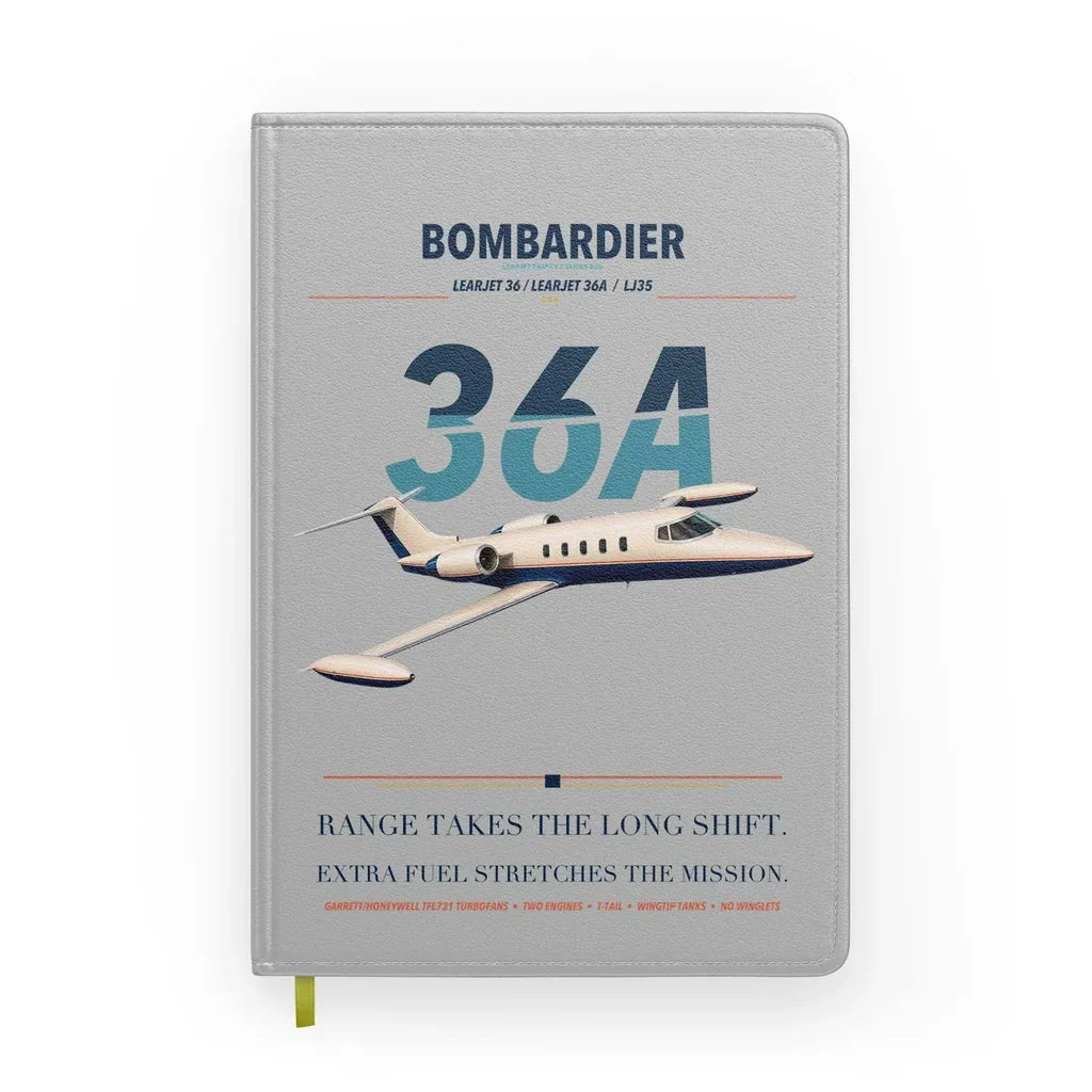 Bombardier Learjet 36A design on light gray notebook