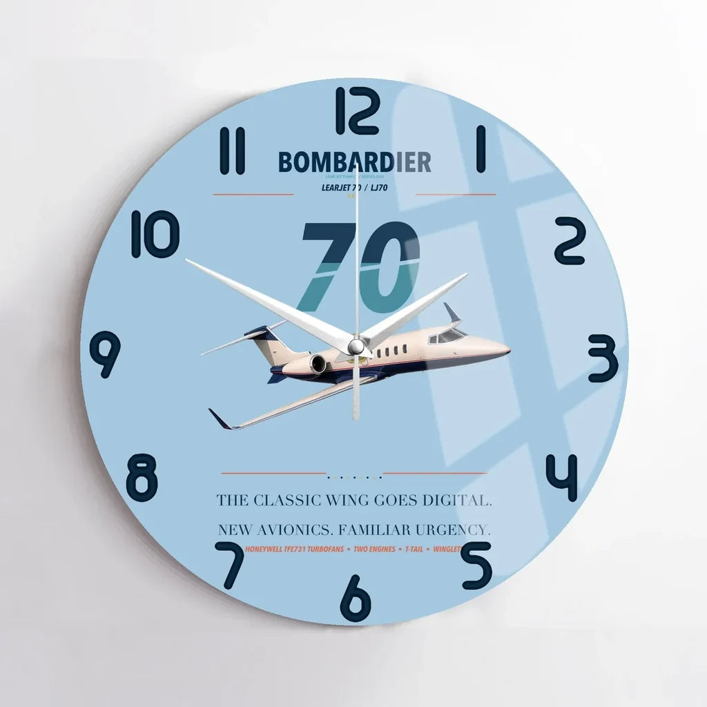 Bombardier Learjet 70 design on light blue no frame wall clock
