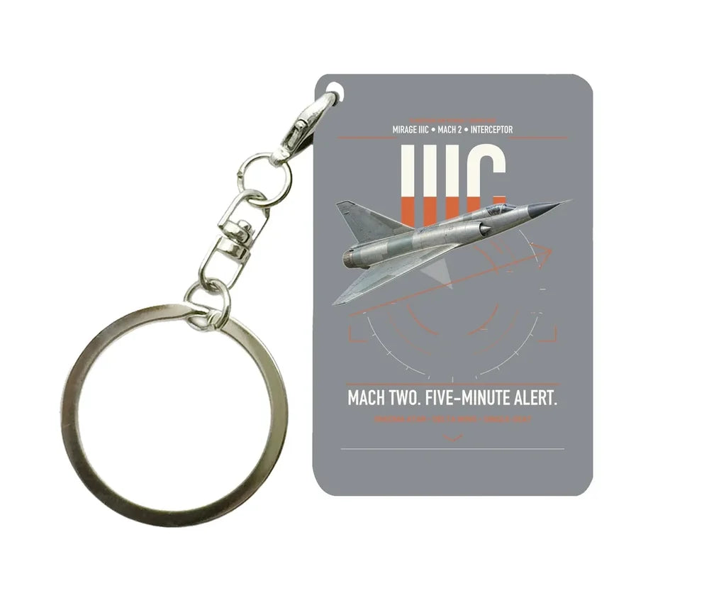 Dassault Mirage IIIC design on gray designed key chain, double-side print