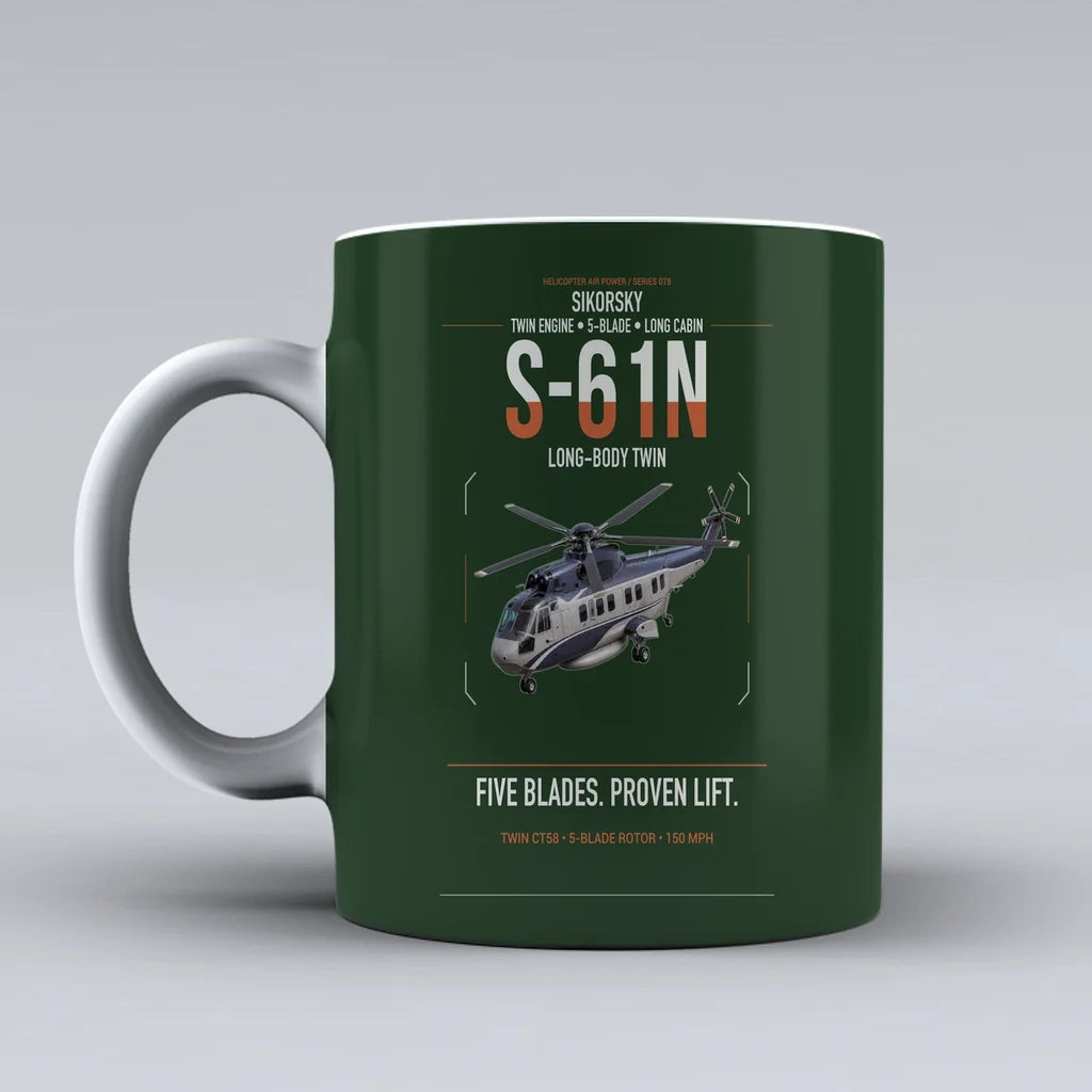 Sikorsky S-61N design on dark green ceramic mug, double-side print