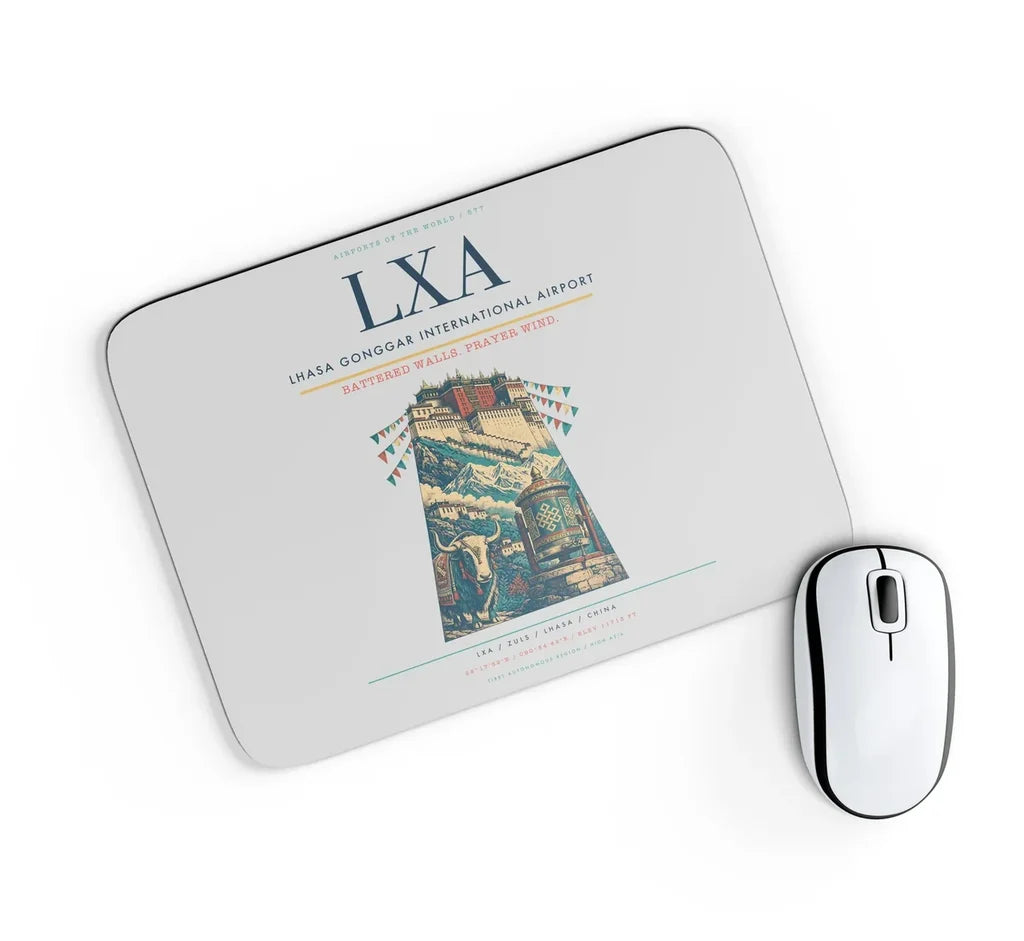 Lhasa Gonggar International Airport (LXA) design on light gray rectangle mouse pad