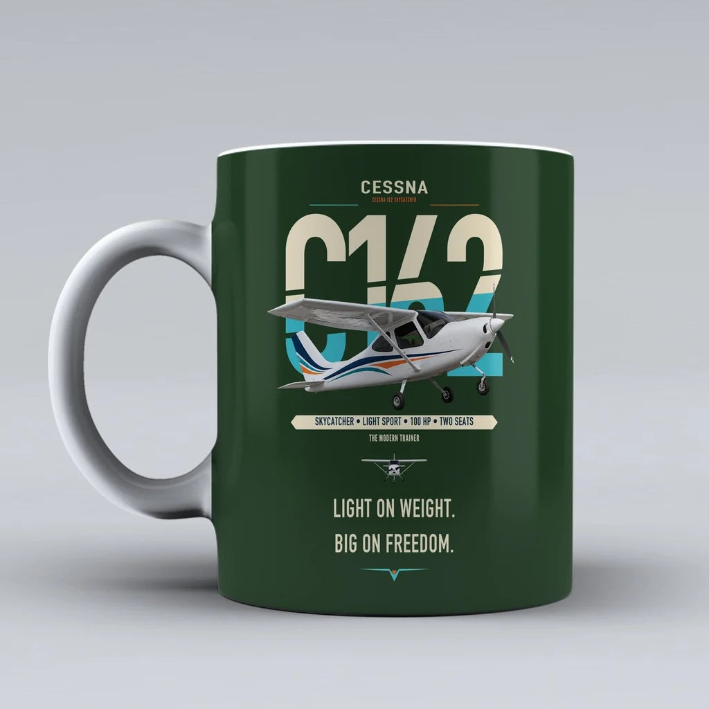 Cessna 162 Skycatcher design on dark green ceramic mug, double-side print