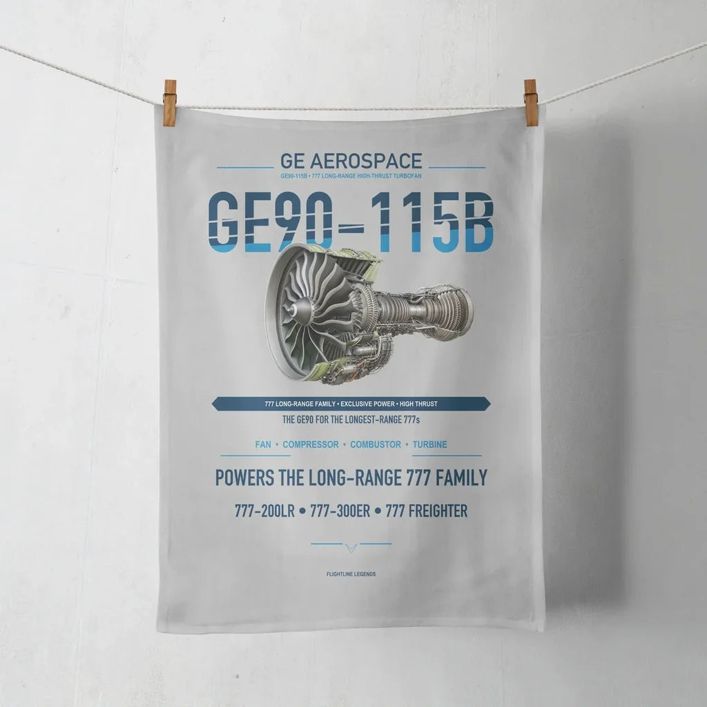 GE90-115B design on light gray towel