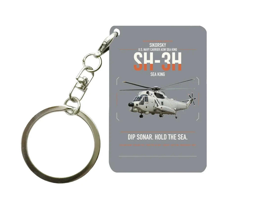 Sikorsky SH-3H Sea King design on gray designed key chain, double-side print