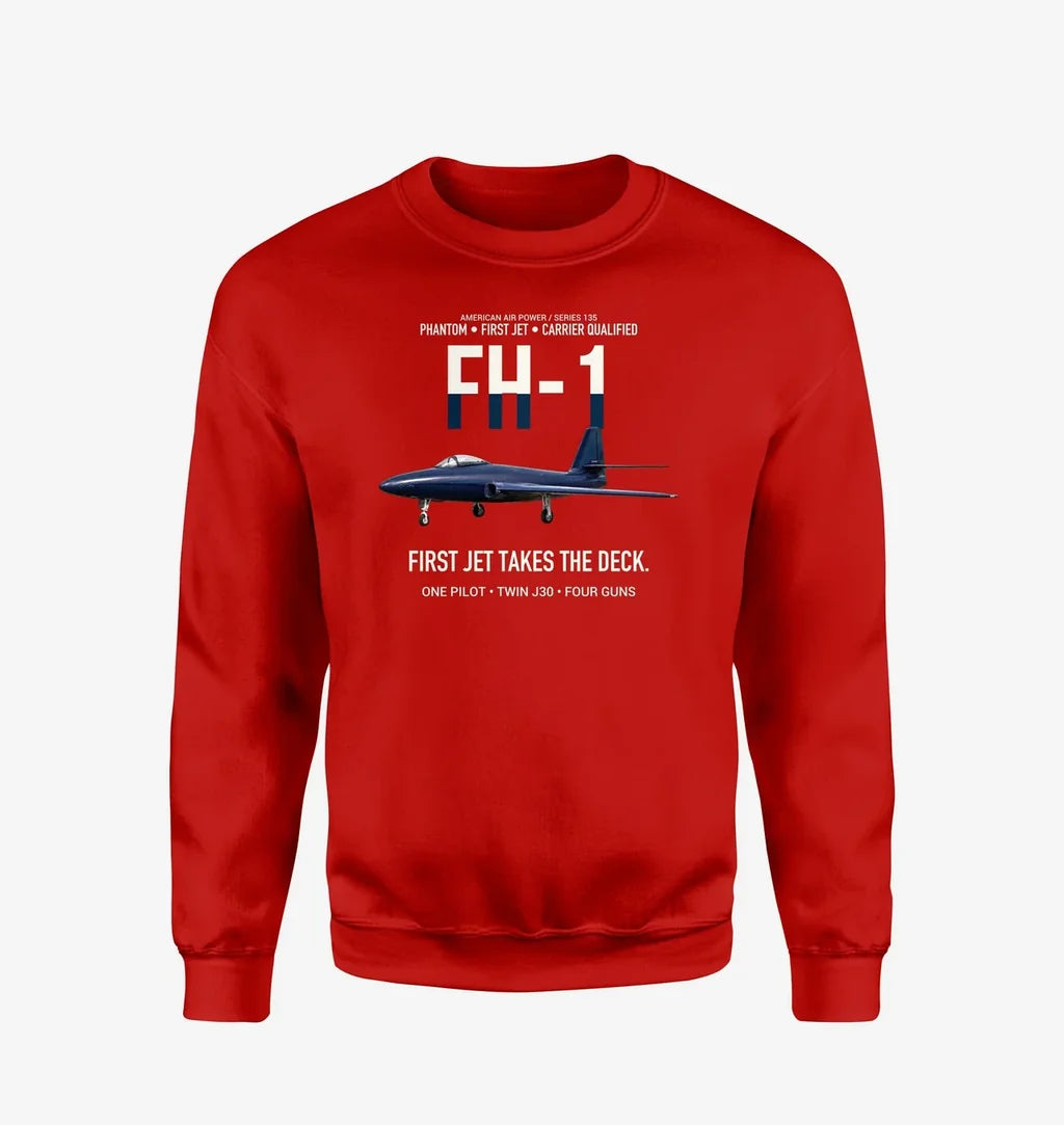 FH-1 Phantom First Jet Takes the Deck design on red sweatshirt