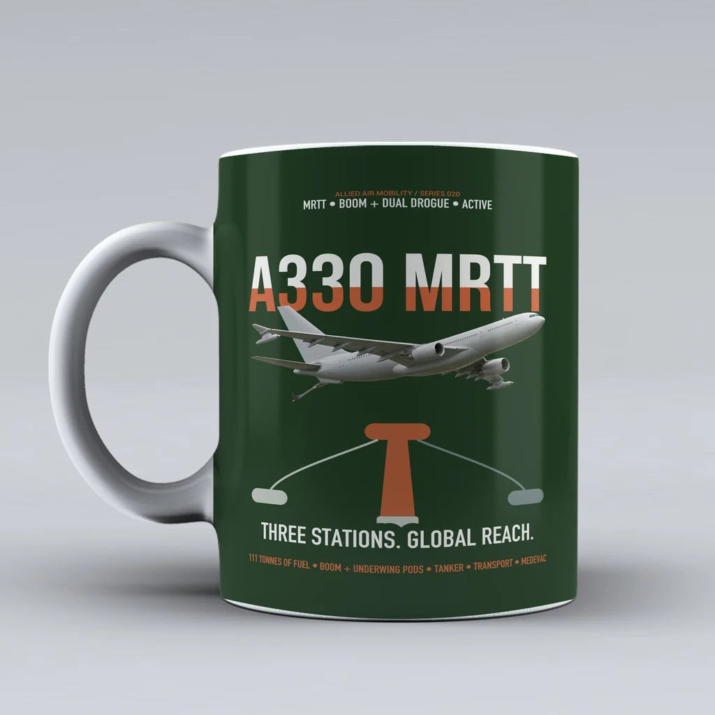 Airbus A330 MRTT design on dark green ceramic mug, double-side print
