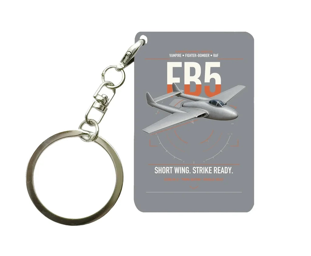 de Havilland Vampire FB5 design on gray designed key chain, double-side print
