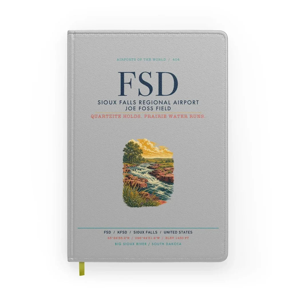 Sioux Falls Regional Airport Joe Foss Field (FSD) design on light gray notebook