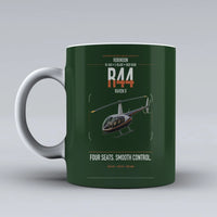 Thumbnail for Robinson R44 Raven II design on dark green ceramic mug, double-side print