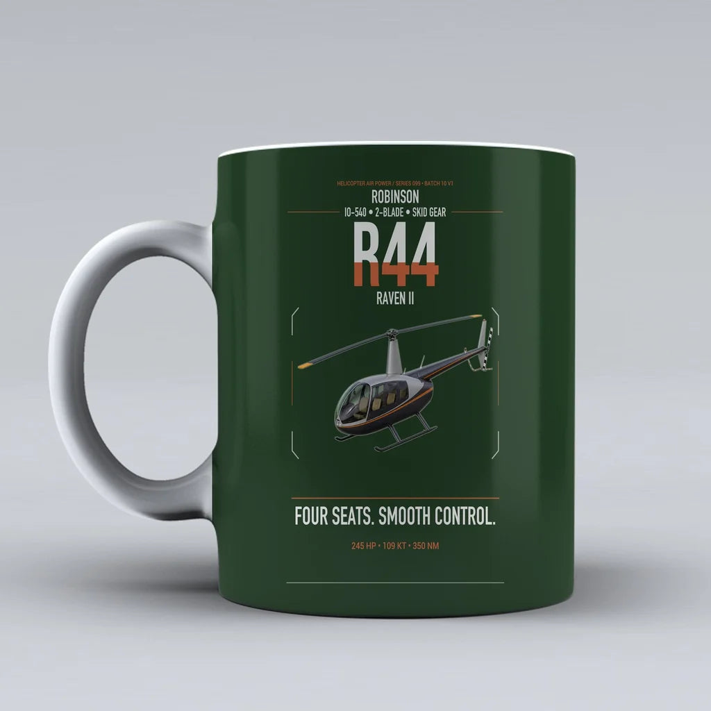 Robinson R44 Raven II design on dark green ceramic mug, double-side print