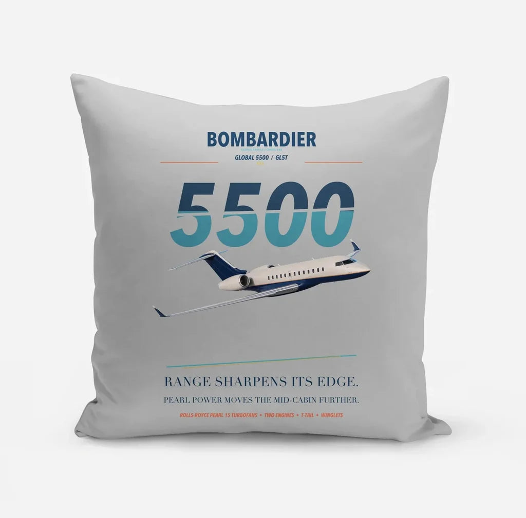 Bombardier Global 5500 design on light gray pillow