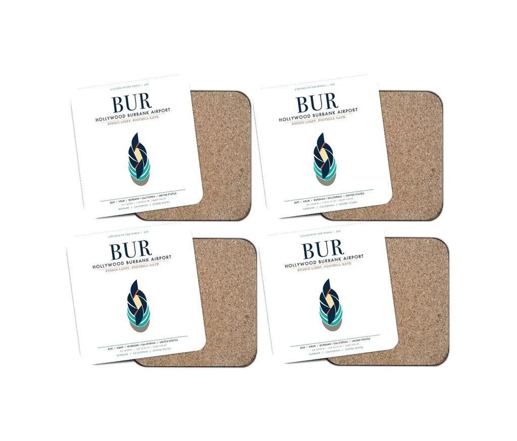 Hollywood Burbank Airport (BUR) design on white 4 pieces set coaster