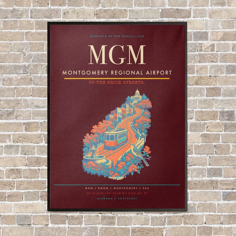 Montgomery Regional Airport MGM vertical canvas print - framed - dark red background